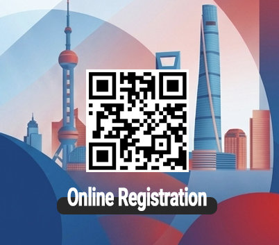 QR code for online registration featuring Shanghai skyline background